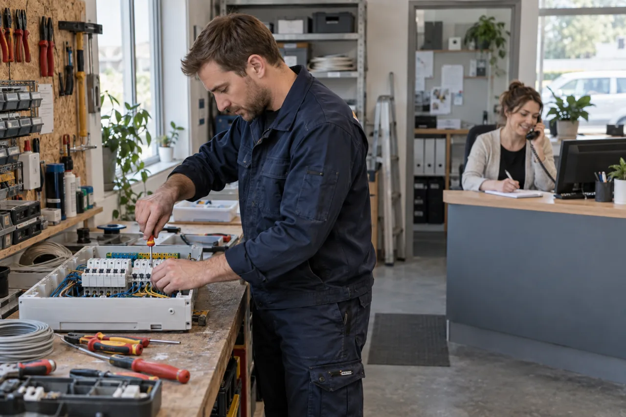 Ein Handwerker arbeitet an der Werkbank, während eine Kollegin im Büro einen Anruf annimmt