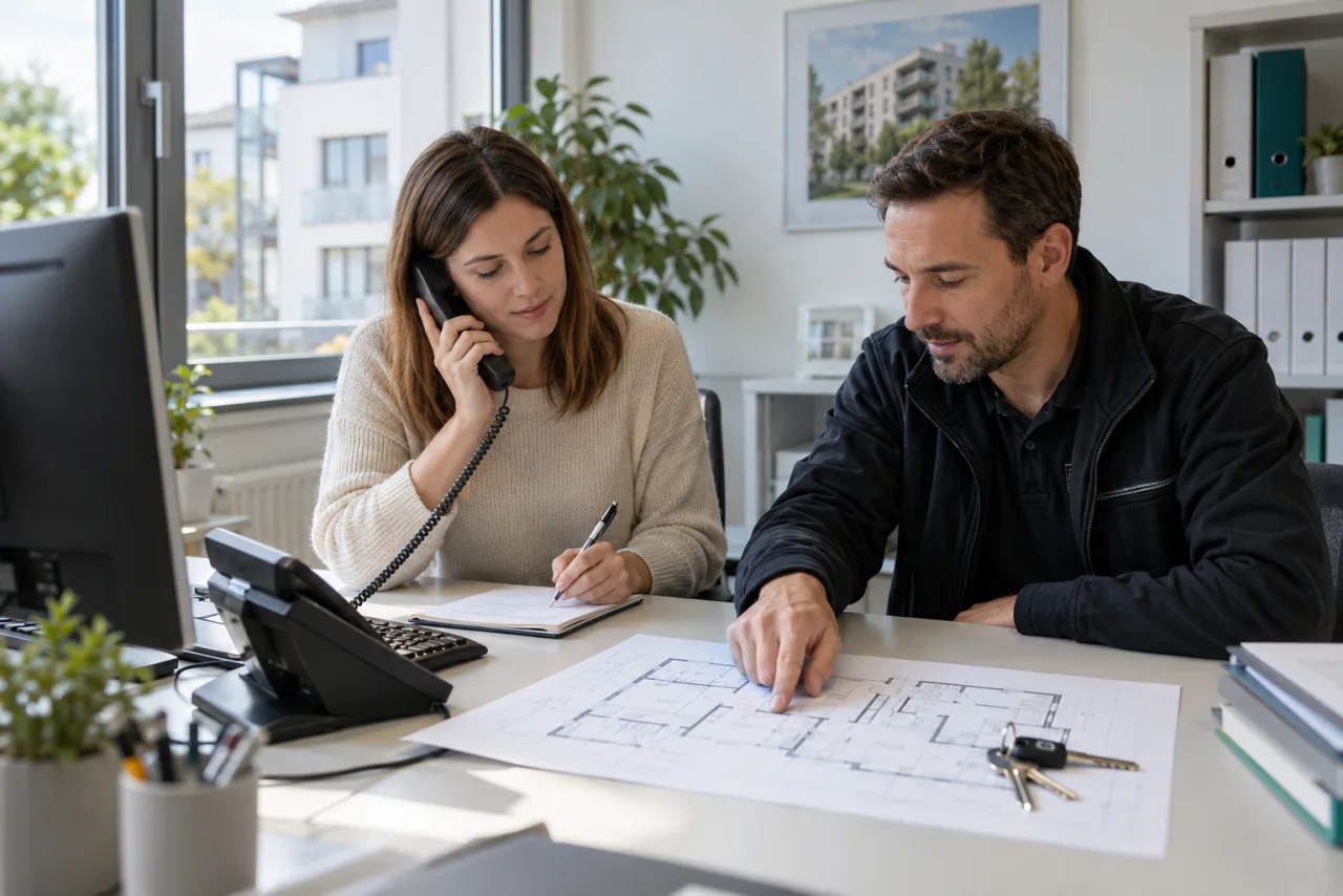 Zwei Mitarbeitende einer Hausverwaltung klären am Telefon eine Anfrage anhand eines Gebäudeplans
