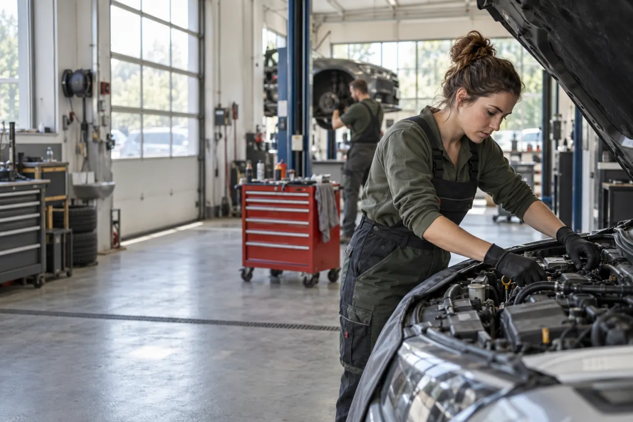 Eine Mechanikerin arbeitet am Fahrzeug in einer Kfz-Werkstatt