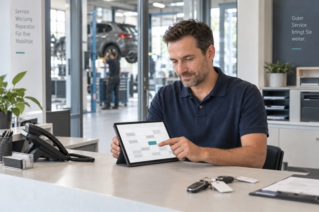 Ein Servicemitarbeiter plant Termine an der Werkstattannahme
