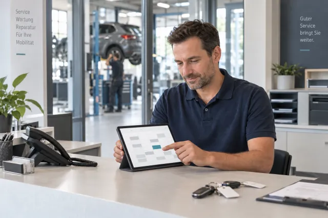 Ein Servicemitarbeiter plant Termine an der Werkstattannahme